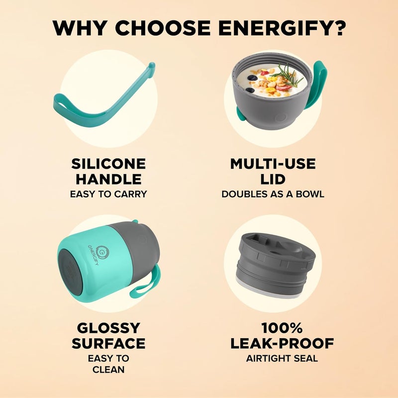 ENERGIFY Vacuum Insulated Food Jar. Large 12oz Bowl incl. Folding Spoon, Cup. Wide Mouth Keep Hot & Cold Drinks Soup Lunch Container for Adults. BPA-Free Stainless Steel, Leak Proof Mint Green - Image 5